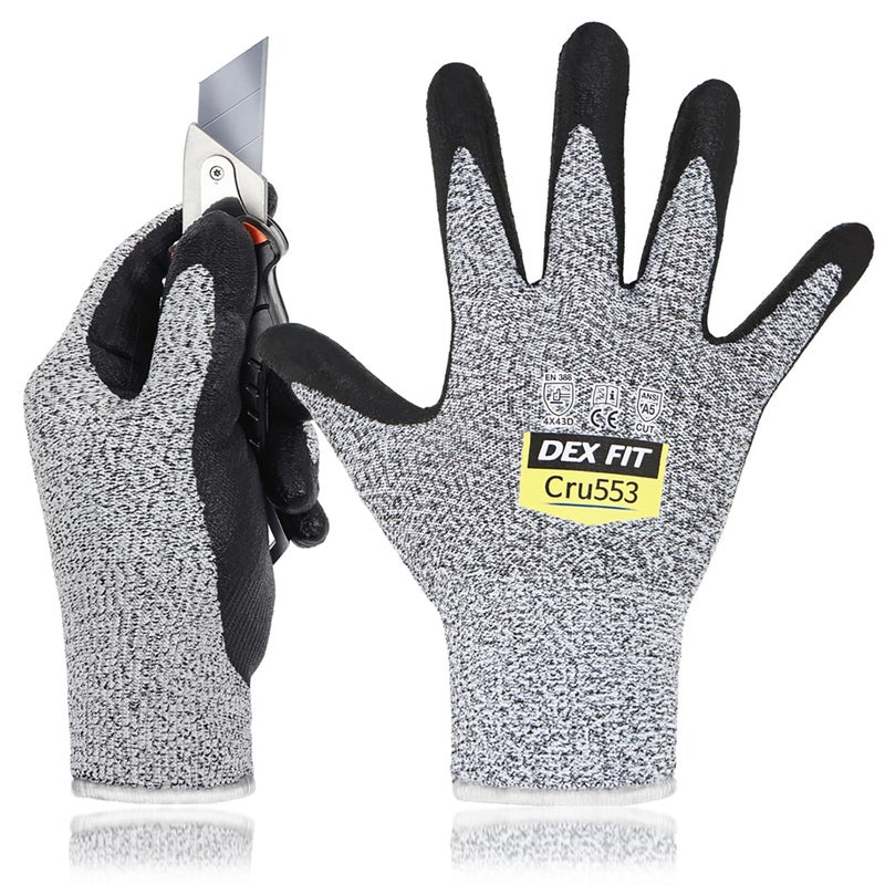 DEX FIT قفازات دكس فيت مقاومة للقطع من المستوى 5 Cru553، تصميم مريح ثلاثي الأبعاد، قبضة قوية، رقيقة وخفيفة الوزن، متوافقة مع شاشة اللمس، متينة، قابلة للتنفس وباردة، قابلة للغسل في الغسالة؛ رمادي S (7) 1 زوج - Image 1